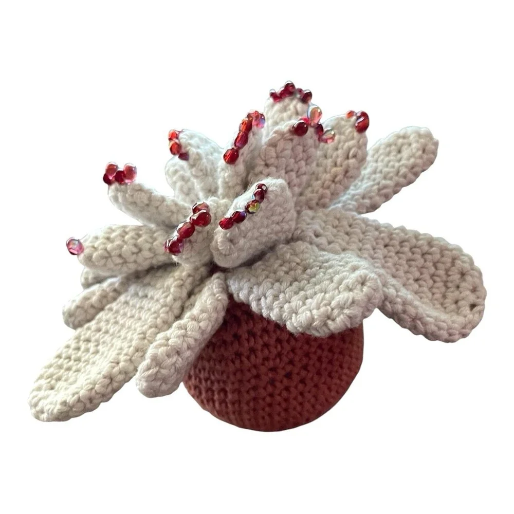 Handmade Succulent with Red Beads Crochet Blooming Cactus Cream Office Decor